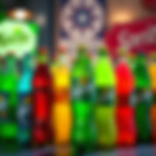 A colorful display of various Sprite flavor bottles arranged on a table, showcasing the refreshing choices available to people.