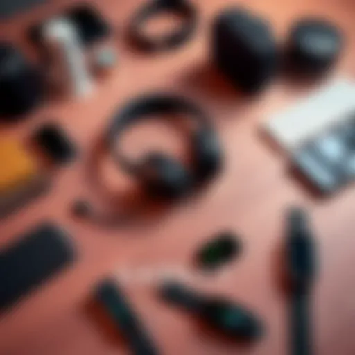 A collection of must-have gadgets laid out on a table, including headphones, smart speakers, and fitness trackers, showcasing the latest technology that people love.