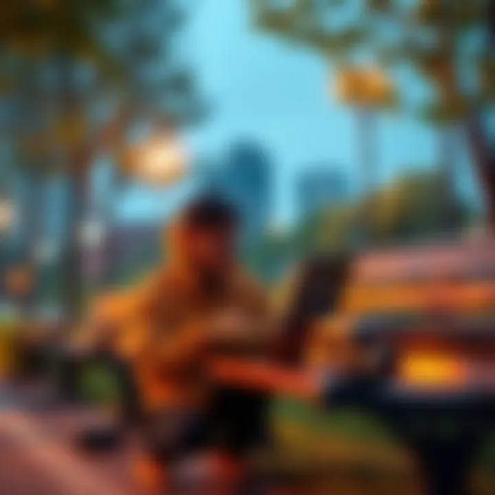 A person using a laptop while sitting on a park bench, showcasing the concept of technology portability.