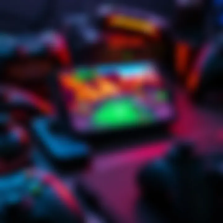 A sleek portable gaming console with vibrant graphics displayed on the screen, set against a backdrop of gaming accessories.