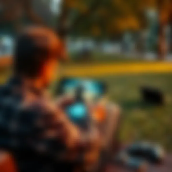 A person playing FG on a Steam Deck while sitting in a park, with a phone and Odin Portable visible nearby