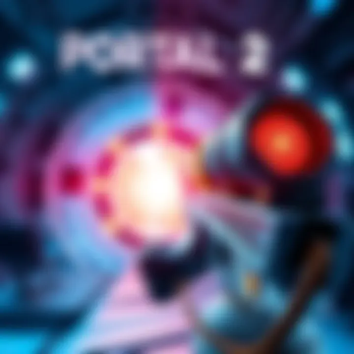 A scene from Portal 2 showing the iconic portal gun in action with a colorful environment