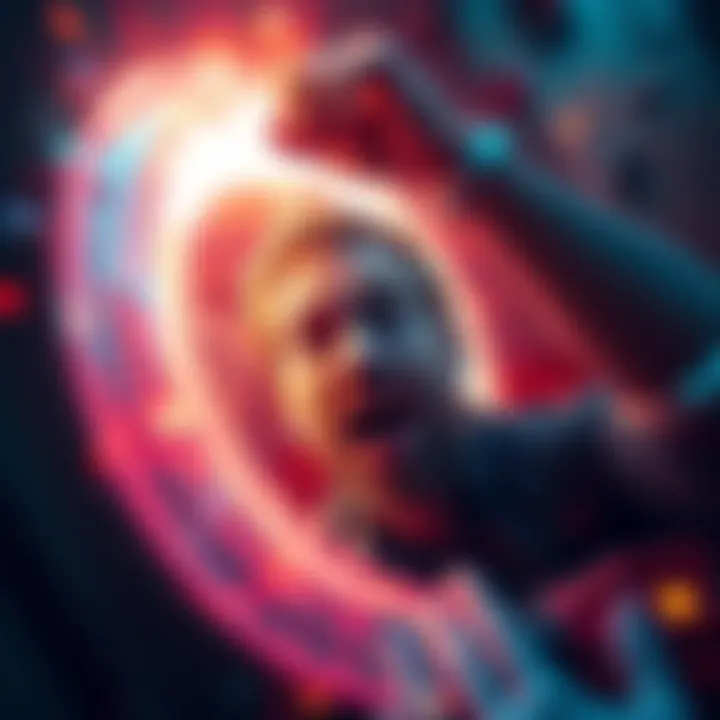 A person being pulled into a glowing portal with a look of surprise on their face, surrounded by swirling colors and chaotic energy.