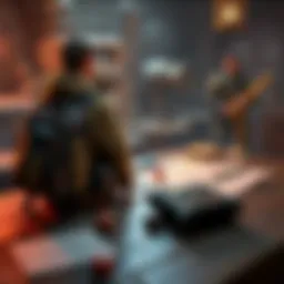 Porter Character Setup A tabletop scene showing a character with a backpack, ready for a role-playing game. The character is evaluated for strength and constitution attributes, with dice and character sheets nearby.