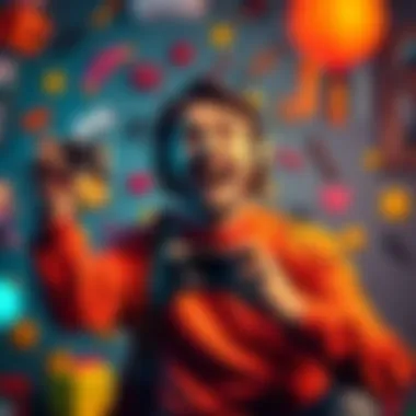 A joyful gamer celebrating with a game controller in hand, surrounded by game-themed decorations, representing Panic's surprise tariff refunds.