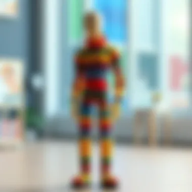 Posable Crochet Mannequin A colorful, fully posable mannequin made of crochet yarn, standing at 20cm tall, showcasing its flexible joints in a standing position.