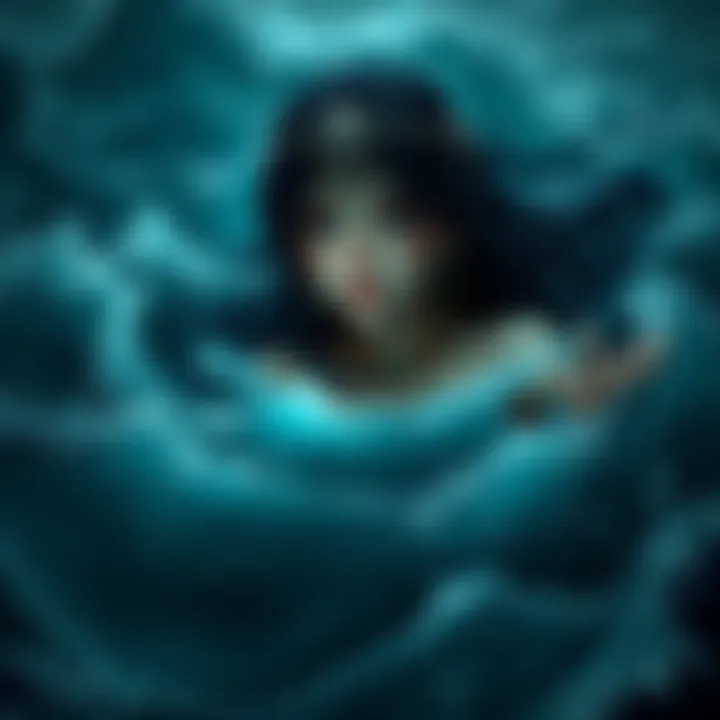 A character representing Poseidon's princess surrounded by dark ocean waves, showing tension and uncertainty about the game's themes.