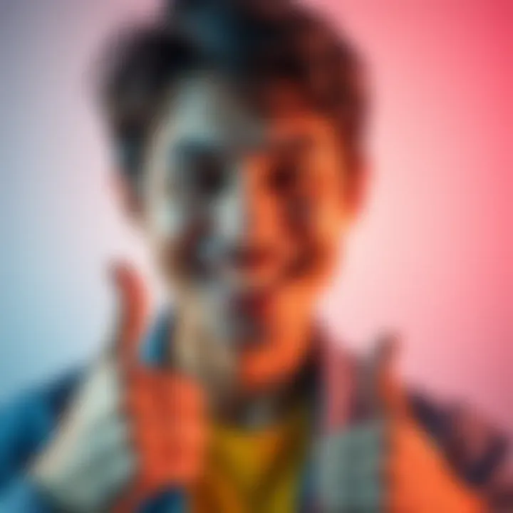 A cheerful person smiling and giving a thumbs up, reflecting positivity and self-acceptance, with bright colors around.