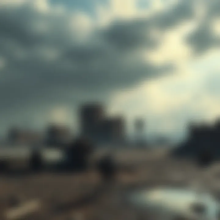 A desolate landscape with ruined buildings and a lone survivor scavenging for supplies, reflecting a gritty atmosphere reminiscent of classic post-apocalyptic games.