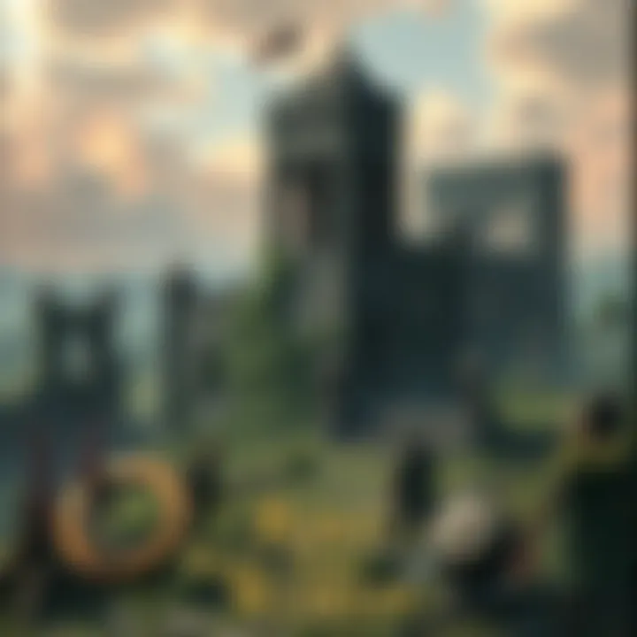 Post Apocalyptic Medieval World A damaged medieval castle surrounded by ruined buildings and overgrown plants in a post apocalyptic setting, with adventurers exploring the area.