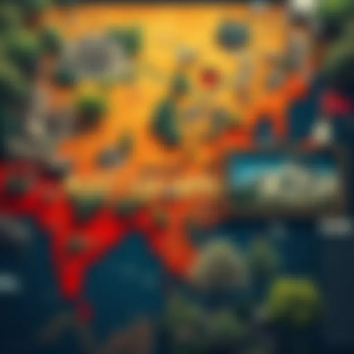 Post Collapse Asia Setting A map showing various regions of post-collapse Asia with hints of civilization and wild nature. Includes ruins, forests, and ancient structures.