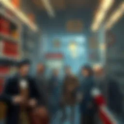 Fictional characters busy in a Prague drugstore, showing their new lives after the war