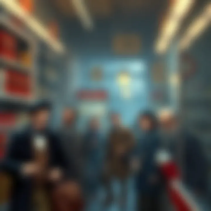 Fictional characters busy in a Prague drugstore, showing their new lives after the war