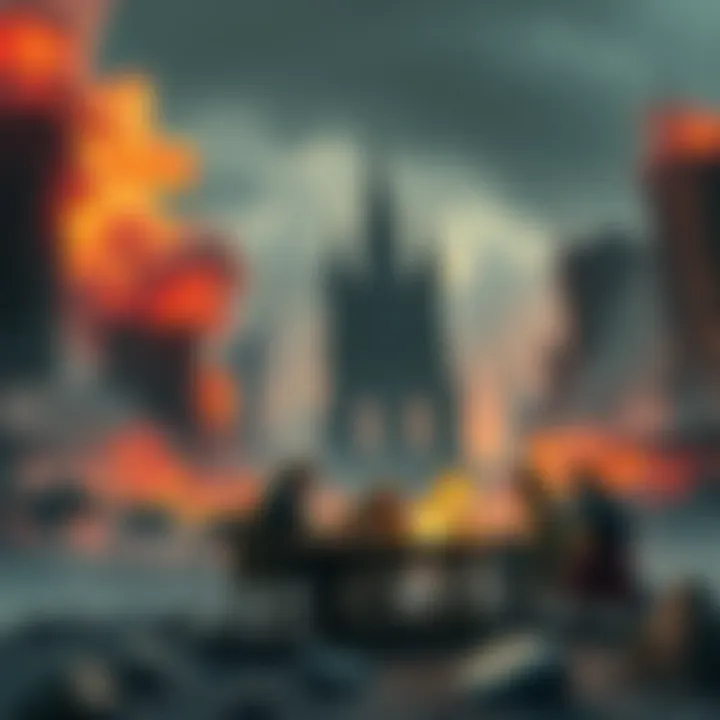 Group of friends playing D&D in a nuclear apocalyptic setting with ruined buildings and mutated creatures around them