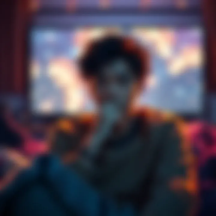 A person gazing thoughtfully at a screen, surrounded by empty snack wrappers and a cozy blanket, reflecting on their favorite show.