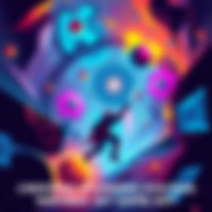 A colorful poster showcasing vibrant game-inspired art style with creative elements and Figma design tools displayed