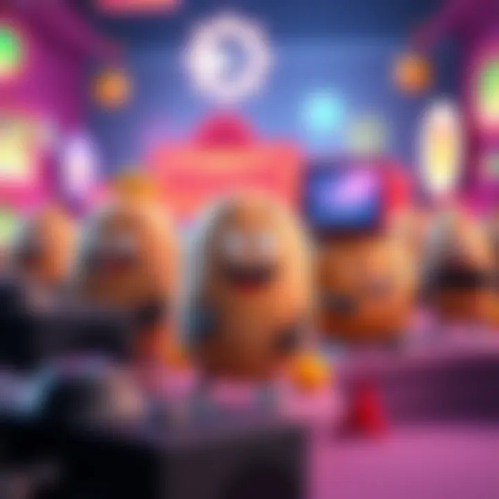 A group of cartoonish video game characters designed with simple shapes and colors, resembling potatoes, having fun in a colorful gaming environment