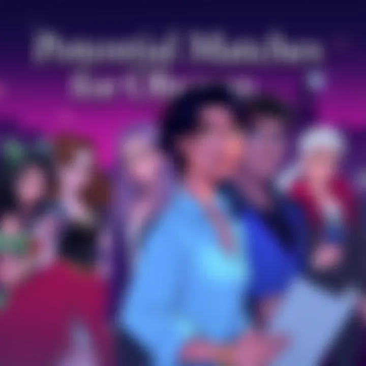 Potential Matches for Oberon Illustration showing various characters lined up as potential romantic matches for Oberon, each displaying unique traits and interests.