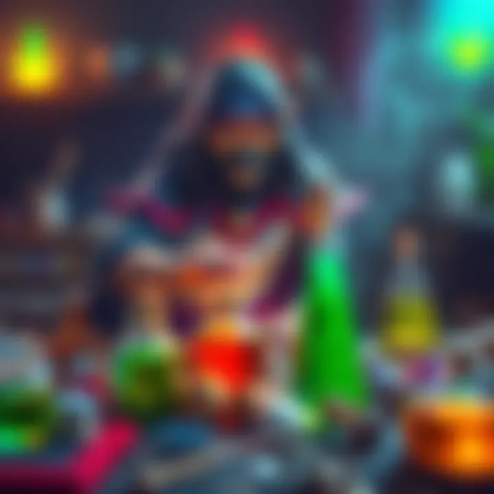 A character mixes colorful potions in a fantasy setting, surrounded by ingredients and tools for healing.