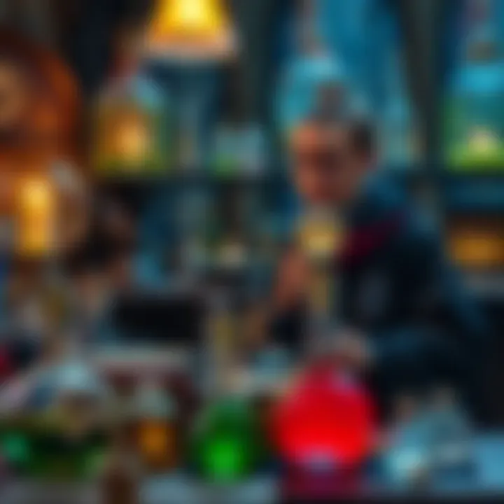 A display of potion ingredients and completed potions with a character considering whether to buy recipes or finished potions