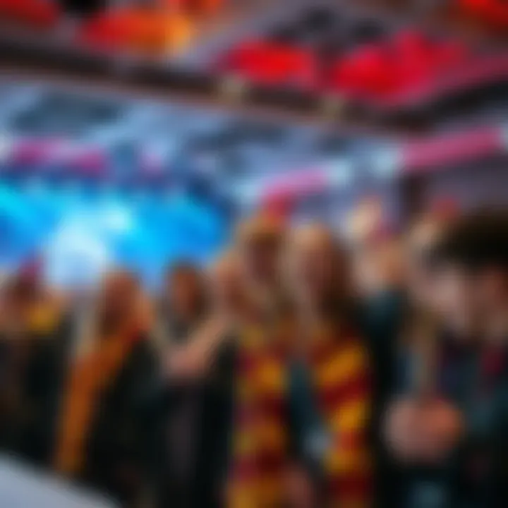 Potterhead Game Event Group of excited Potter fans wearing themed outfits at a gaming event, ready for a match.