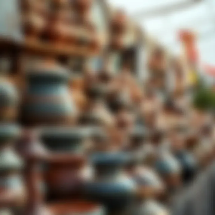 A colorful pottery display featuring various handmade pots and ceramics, attracting attention at a Renaissance Fair.