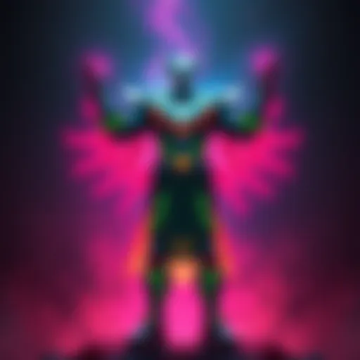 A character stands confidently with glowing armor, representing victory and regained energy after overcoming a foe, surrounded by vibrant colors.