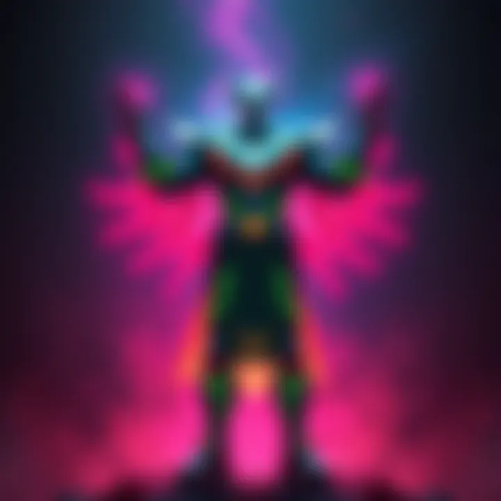 A character stands confidently with glowing armor, representing victory and regained energy after overcoming a foe, surrounded by vibrant colors.