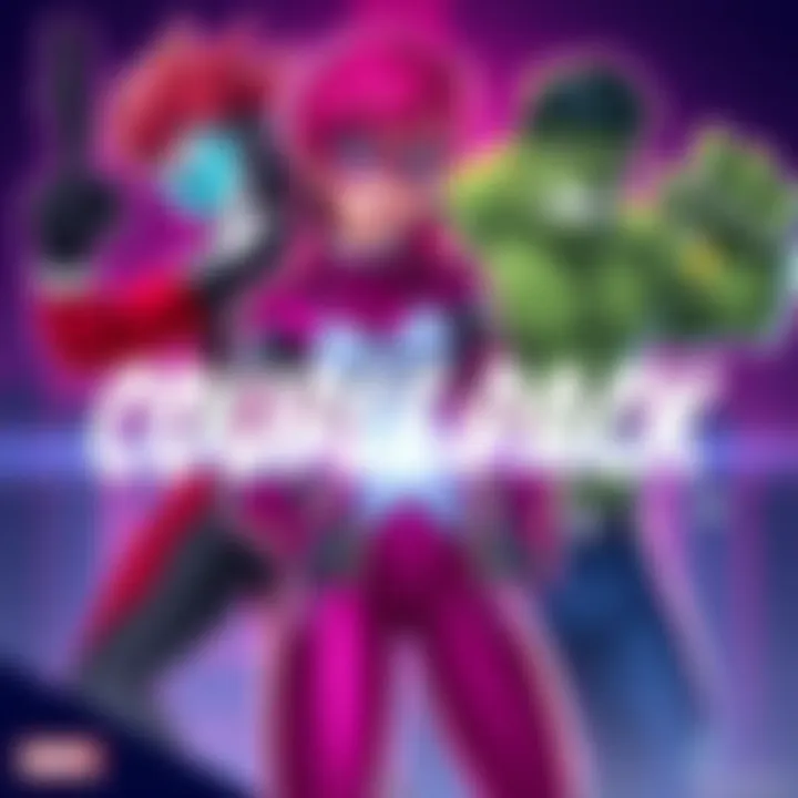 Illustration of characters from the Power Couple Pack including Kid Omega, Esme Cockoo, and Hulkling with vibrant colors and action poses.