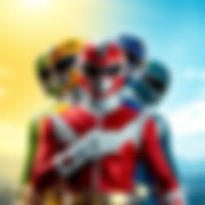 A collection of Power Ranger characters in various colors representing different eras, showcasing their distinct styles and powers.