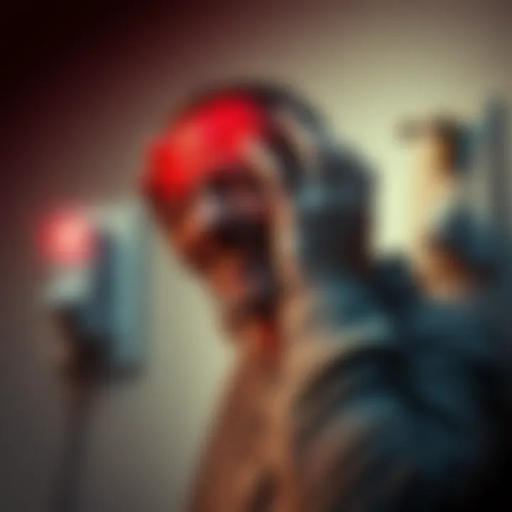 An individual holding their head in pain beside a power switch, showcasing the aftermath of a serious head injury.