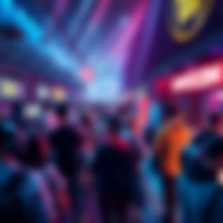 A crowded Gamescom event with people eagerly waiting for announcements, featuring gaming booths and banners