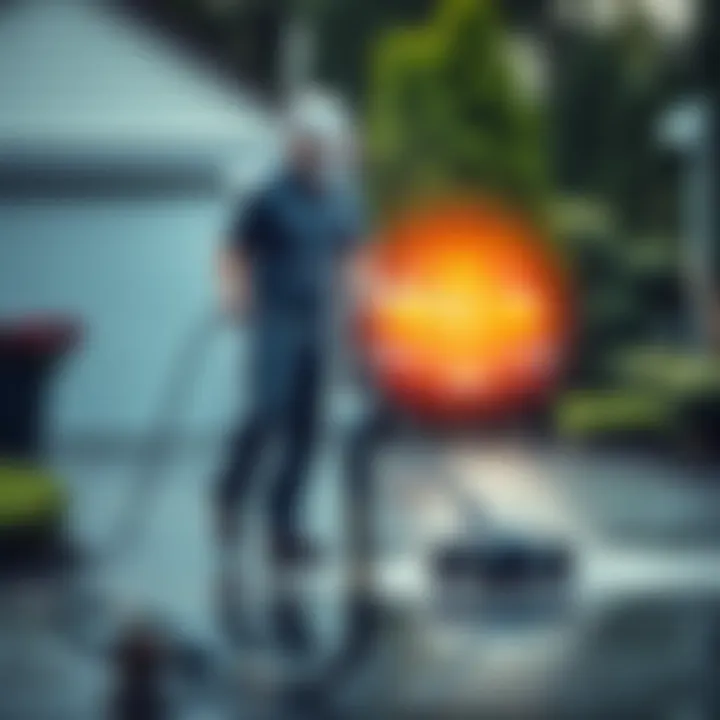 A person actively power washing a driveway, water spraying in the air and dirt being removed from the surface.
