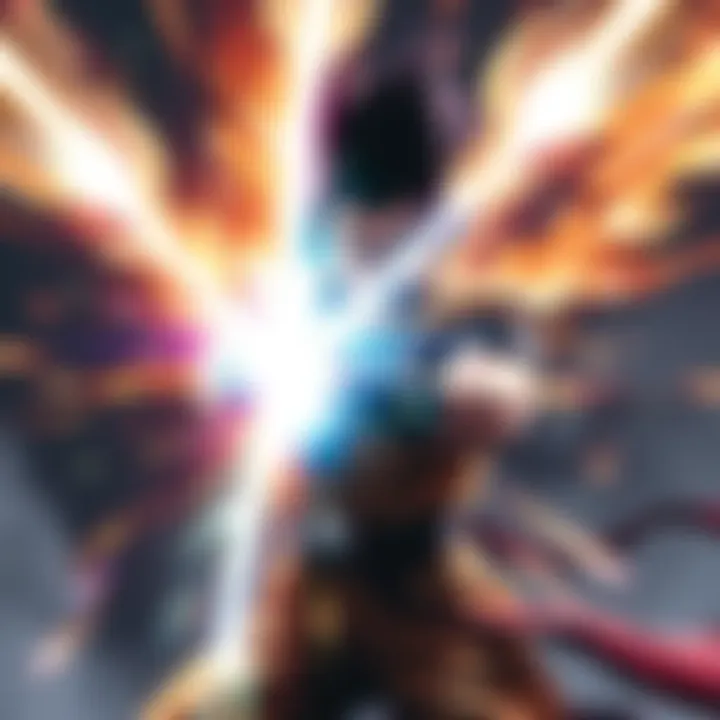 A character unleashing a bright beam of magical energy, showcasing a vibrant aura and dynamic motion, hinting at connections to Dragon Ball's energy abilities.