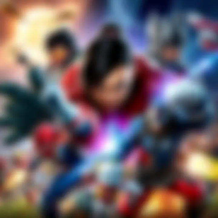 A collage of game characters showcasing their powerful abilities, ready for battle in various environments.