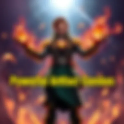 A character standing triumphantly with glowing artifacts, showcasing powerful energy effects around them.