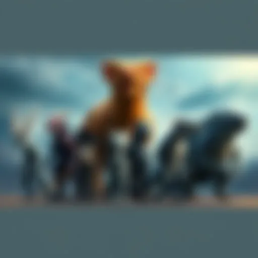 A diverse group of mythical beings standing confidently, each showcasing unique features and strengths. Some appear larger than dragons, while others have unusual attributes that suggest immense power...