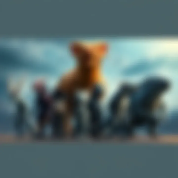 A diverse group of mythical beings standing confidently, each showcasing unique features and strengths. Some appear larger than dragons, while others have unusual attributes that suggest immense power...