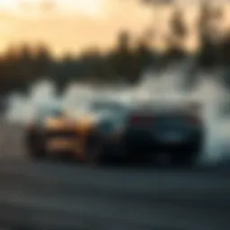 Powerful Car Not Drifting A powerful car sitting idle on a drift track, showing its sleek design but lacking tire smoke and excitement from drifting activity.