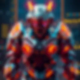 A digital representation of a strong bot character in a video game, showcasing advanced AI with sharp features and glowing elements, ready for battle.