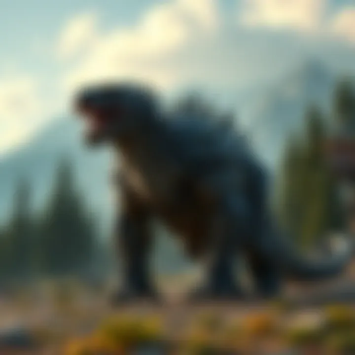 A large, strong herbivore monster stands confidently in a game world, showcasing its imposing presence against a backdrop of trees and mountains.
