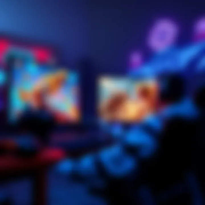 A gamer enjoying graphics-intensive games on a powerful PC setup with dual monitors and vibrant visuals