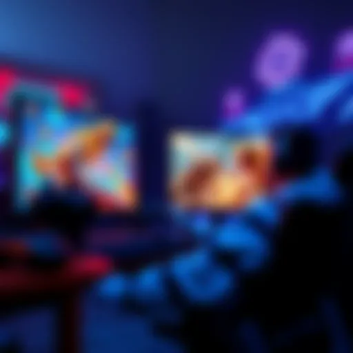 Powerful PC Gaming A gamer enjoying graphics-intensive games on a powerful PC setup with dual monitors and vibrant visuals
