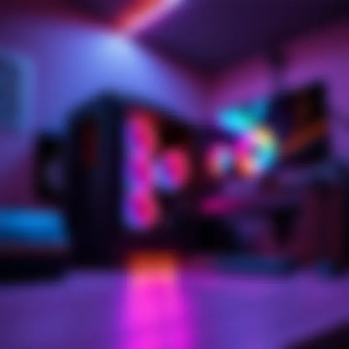 Powerful PC Setup A modern computer setup showcasing a large storage unit with vibrant RGB lights and a sleek gaming monitor.