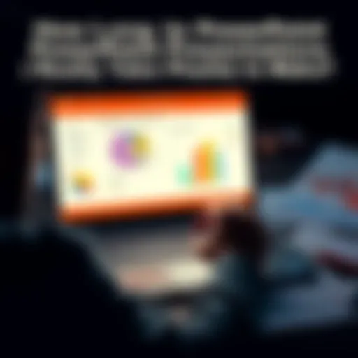 A person creating a PowerPoint presentation on a laptop with charts and notes around them