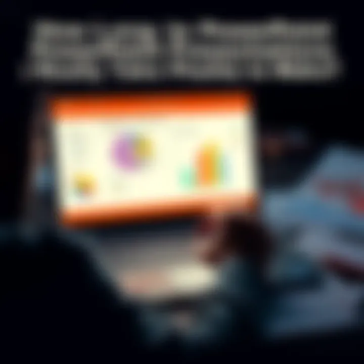 PowerPoint presentation setup A person creating a PowerPoint presentation on a laptop with charts and notes around them