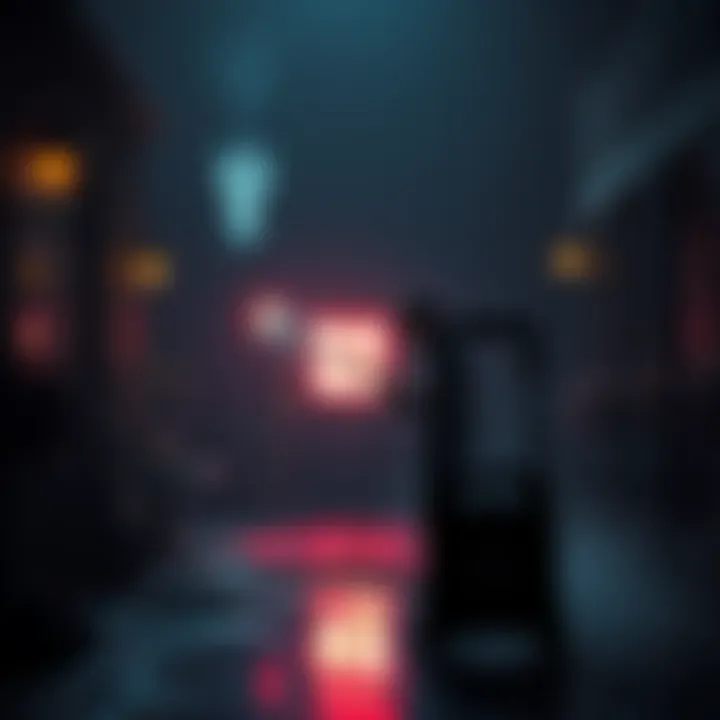 A person using a power washer in a spooky environment, surrounded by dark shadows and eerie decorations, with ghostly hints in the background.