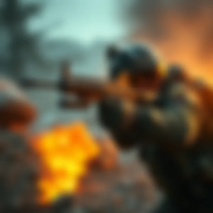 PP19 Bizon in Action A soldier aiming the PP19 Bizon submachine gun on a battlefield, showcasing its sleek design and versatility.