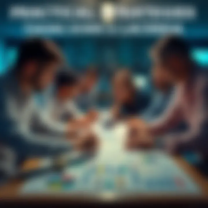 A group of people collaborating over a table filled with charts and plans to tackle Lacerda's challenges.