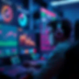 A gamer focuses on a screen, practicing skills in a competitive gaming environment, with charts and stats displayed